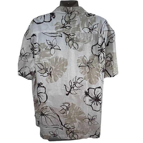 Mens Vintage Hawaiian Floral Beige Brown Linen Button Up Camp Shirt 2XL Pocket - Picture 2 of 7
